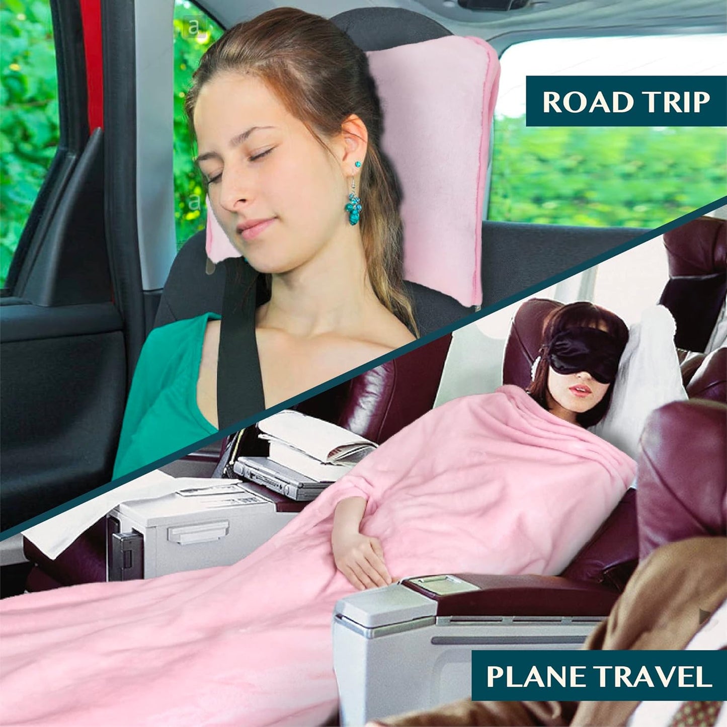 PAVILIA Travel Blanket and Pillow, Arms Opening Airplane Blankets for Adults, Compact Plane Blanket with Arm Hole 2-in-1 Bag for Flight Car Camping Fit in Luggage Backpack Traveler Gift, Pink