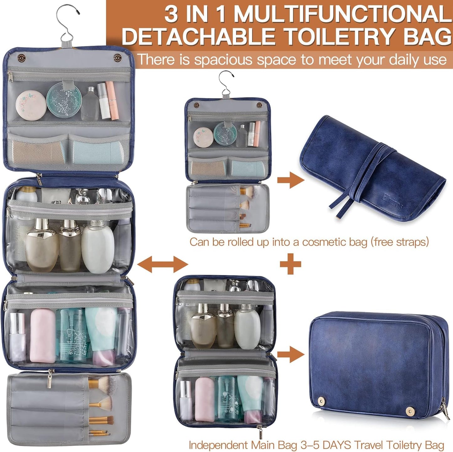 Elviros Hanging Toiletry Bag for Men Travel Essentials 3-in-1 Large Waterproof Dopp Kit PU Leather Shaving Bag with Separate Compartments for Grooming and Toiletries