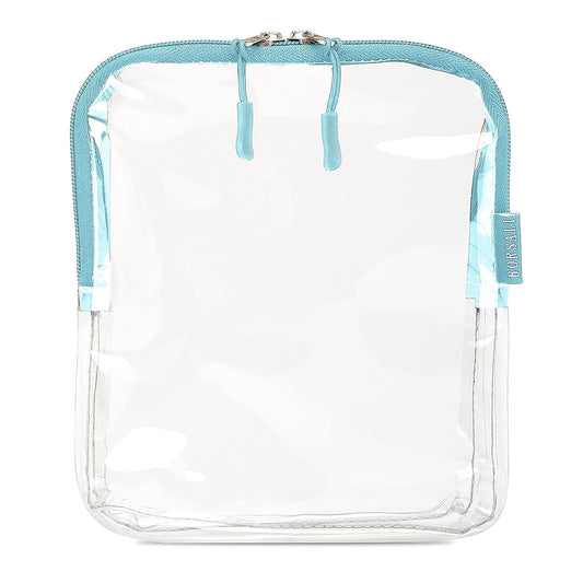 BORSALI TSA Approved Toiletry Bag - Clear Quart Size for 3-1-1 Carry On Travel - Makeup Organizer Cosmetic Pouch with Zipper - Travel Accessories - Light Blue
