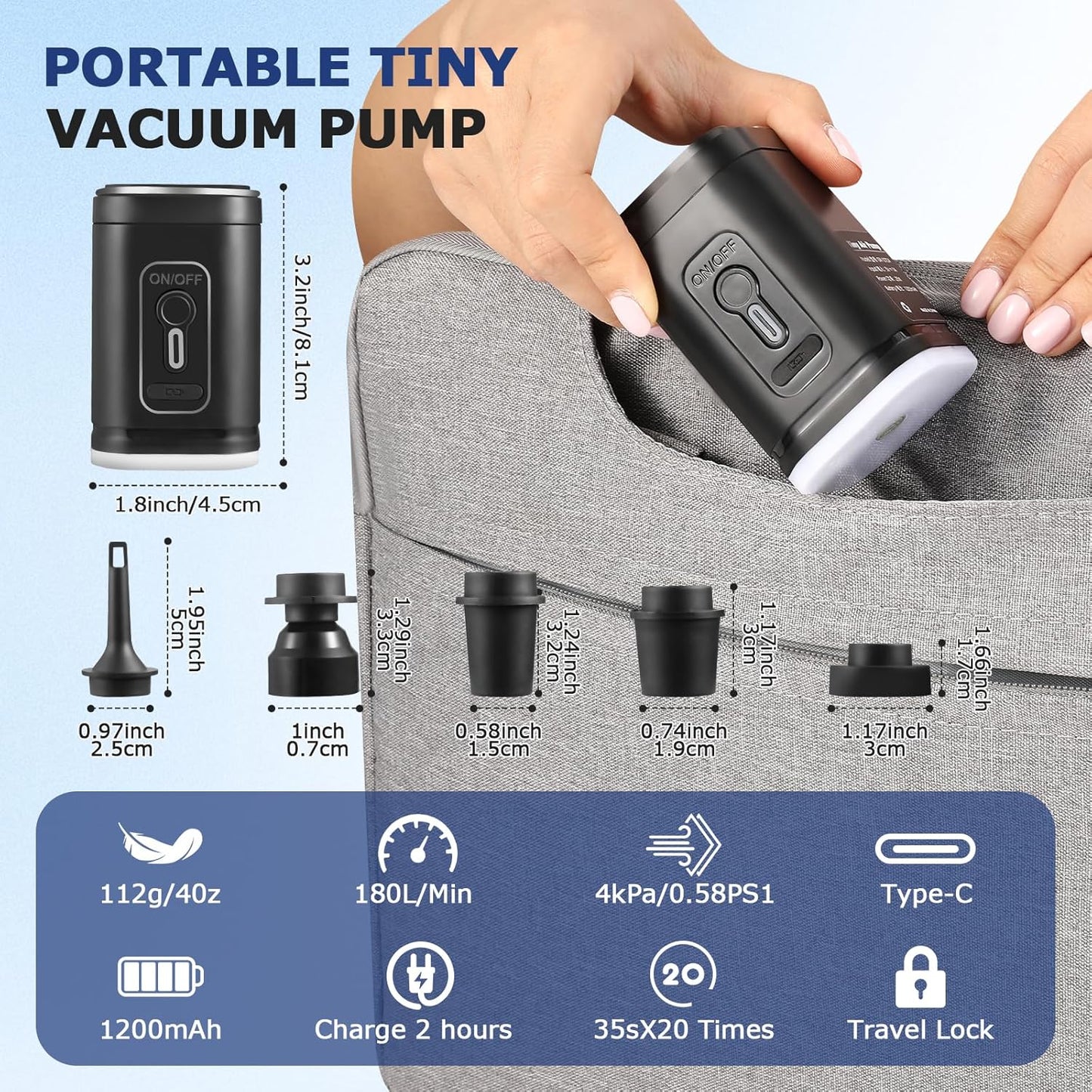 TPU Vacuum Bag for Travel, 70D Nylon Reusable Compression Bag with IP67 Waterproof Zipper, Compression Packing Cubes for Clothing, Space Saver Bags for Luggage and Backpack(Gray-1 PCS + PUMP)