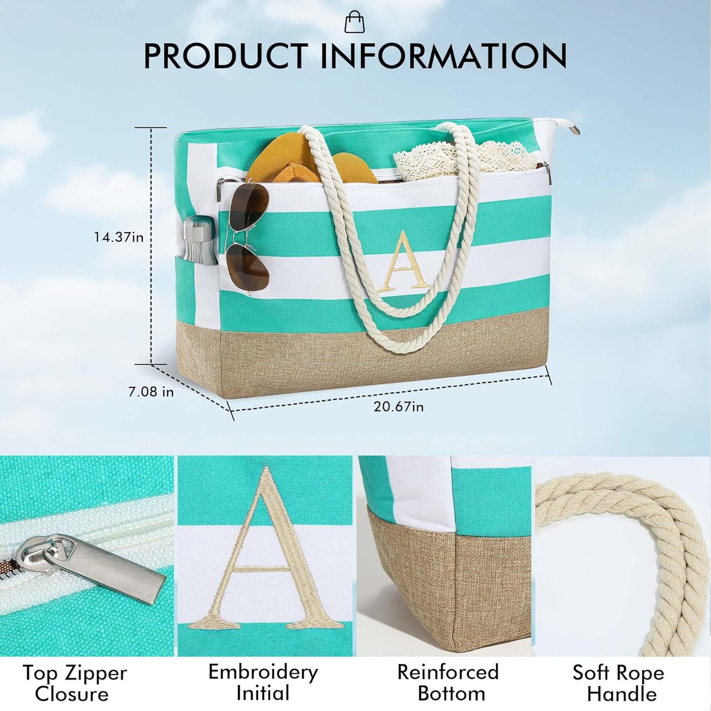 YOOLIFE Large Initial Beach Bag Waterproof Tote Zipper Bag Personalized Gifts for Women Her Birthday Travel Beach Essential
