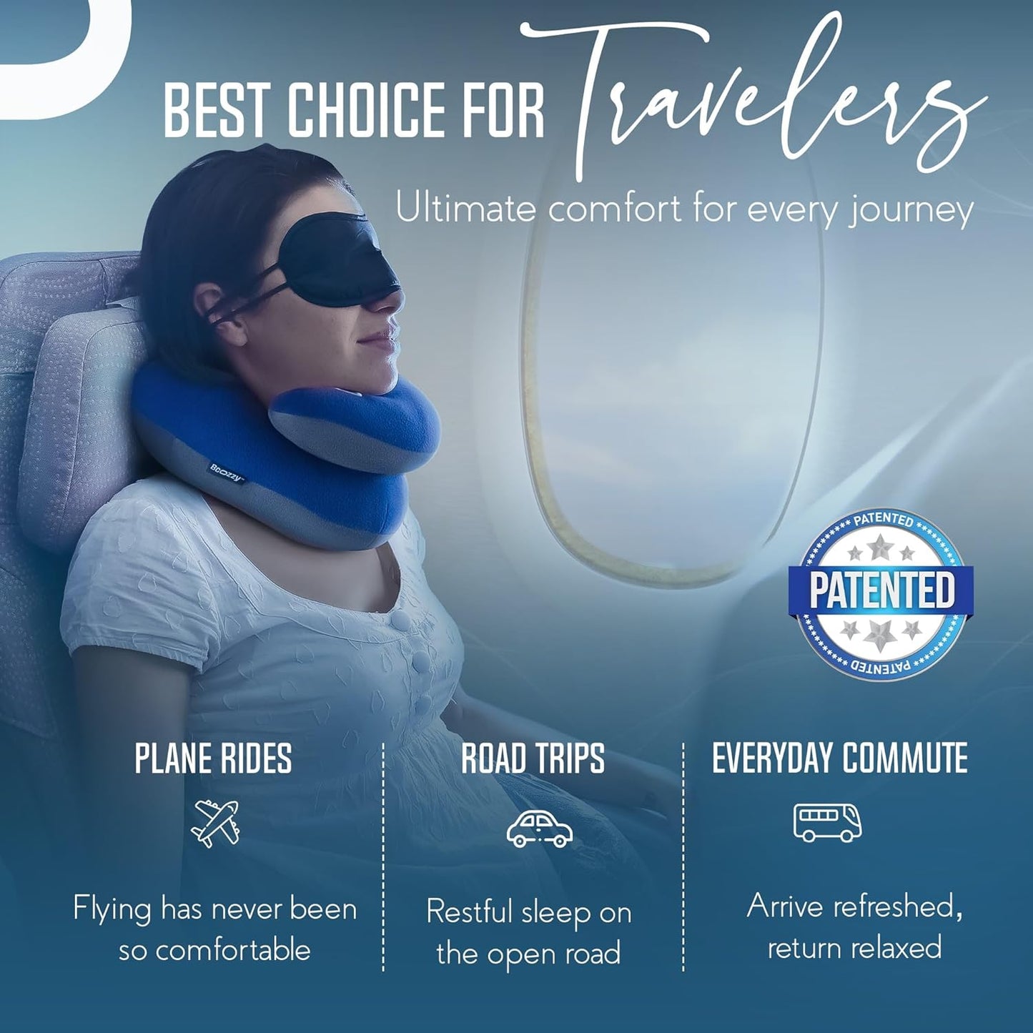 BCOZZY Travel Neck Pillow for Airplane– Patented Double Support for Head, Neck, and Chin. Best for Long Flights, Plane Sleeping, and Car Rides. Adjustable Size. Fully Washable. Carry Bag. Large, Nude