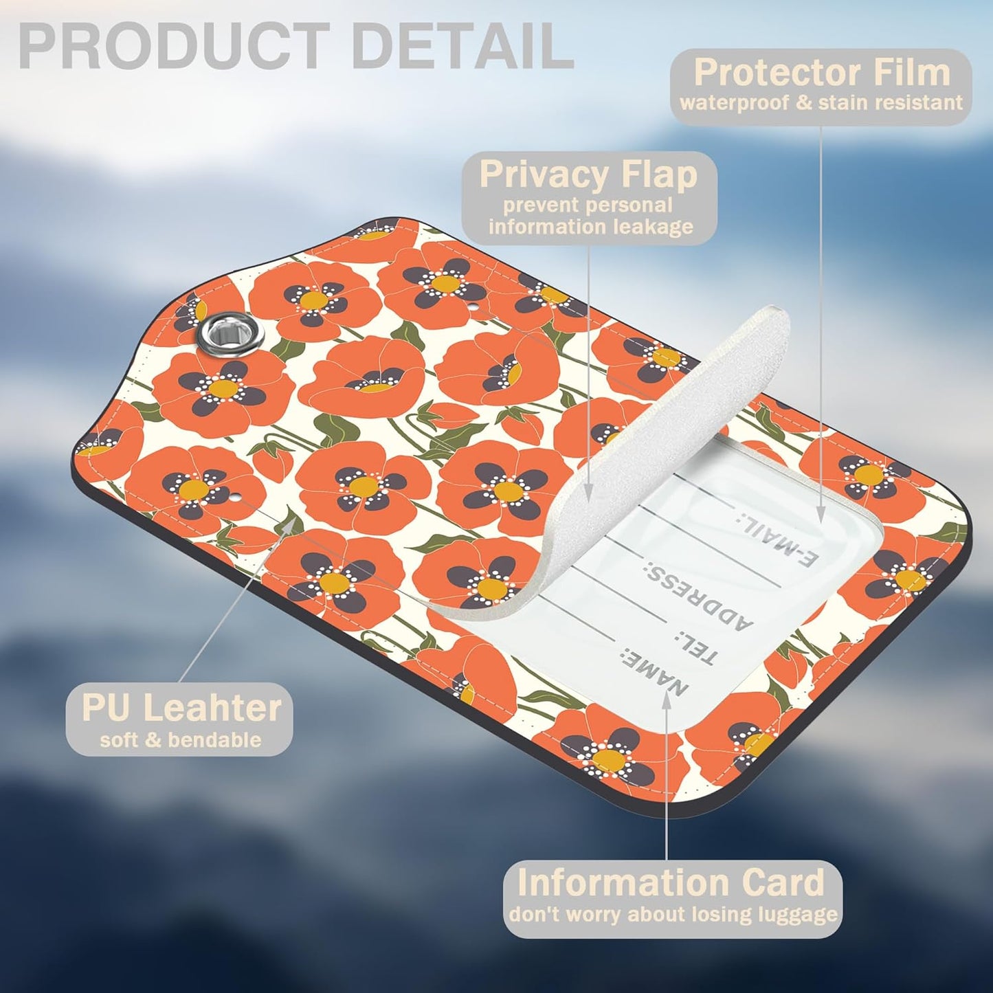 2 Pack Luggage Tags for Suitcases Orange Flowers Leather Luggage Tags Privacy Cover ID Label with Stainless Steel Loop and Address Card for Women Men Travel Bag Backpack