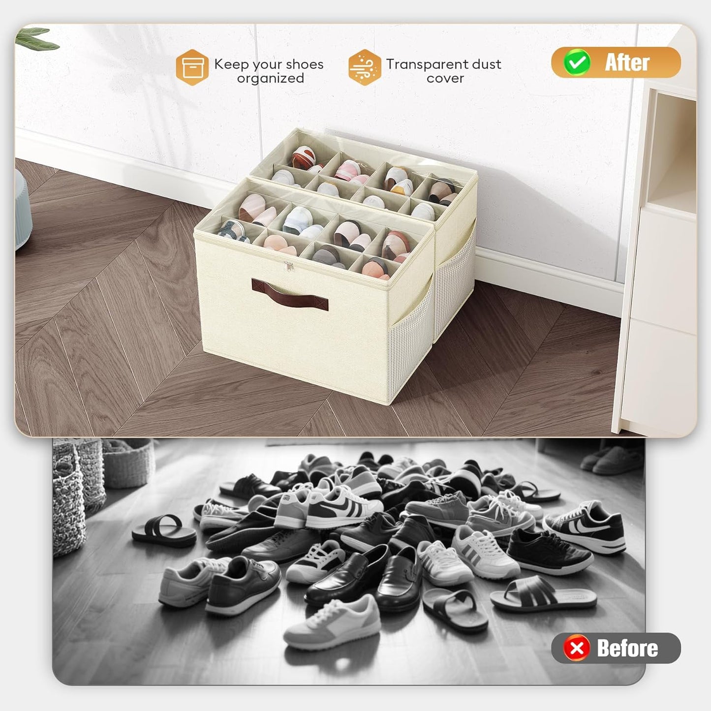 Budding Joy 2 Pack Shoe Organizer for Closet, Clear Foldable Shoe Storage Containers Adjustable Dividers Fits 16 Pairs,Shoe Storage Bins Baskets Boxes with Reinforced Handles Beige Yellow