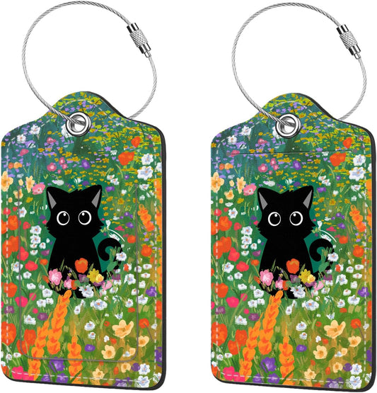 2 Pcs Luggage Tags for Suitcase, Cute Unique PU Leather Travel Bag Tag with Privacy Cover ID Label Address Card and Durable Metal Ring Suitable for Men Women Children Backpack,Black Cat On A Flower