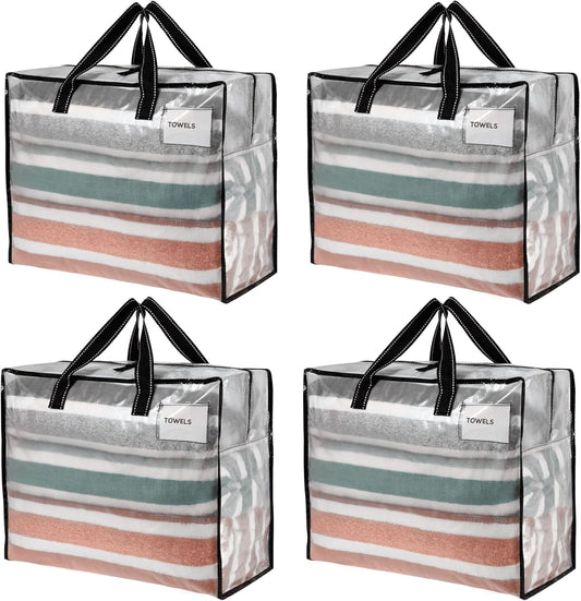 VENO 4 Pack Heavy Duty Moving Bags, Storage Bags, Packing Supplies, Top Zipper, Storage Totes for Camping, Clothes, Bedding, Comforters, Pillows (13 Gallon Clear, 4 Pack)