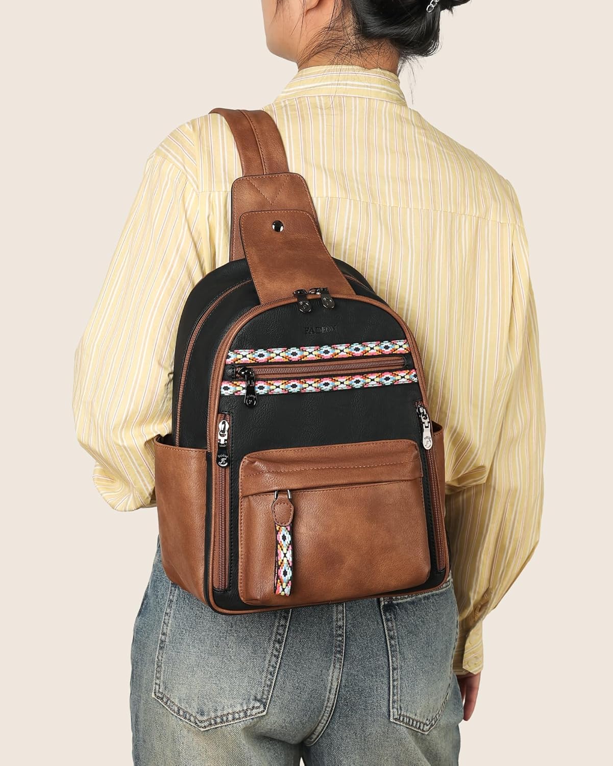 FADEON Large Sling Bag for Women, Leather Crossbody Purse Designer Anti Theft Sling Backpack, RFID Fanny Packs for Travel