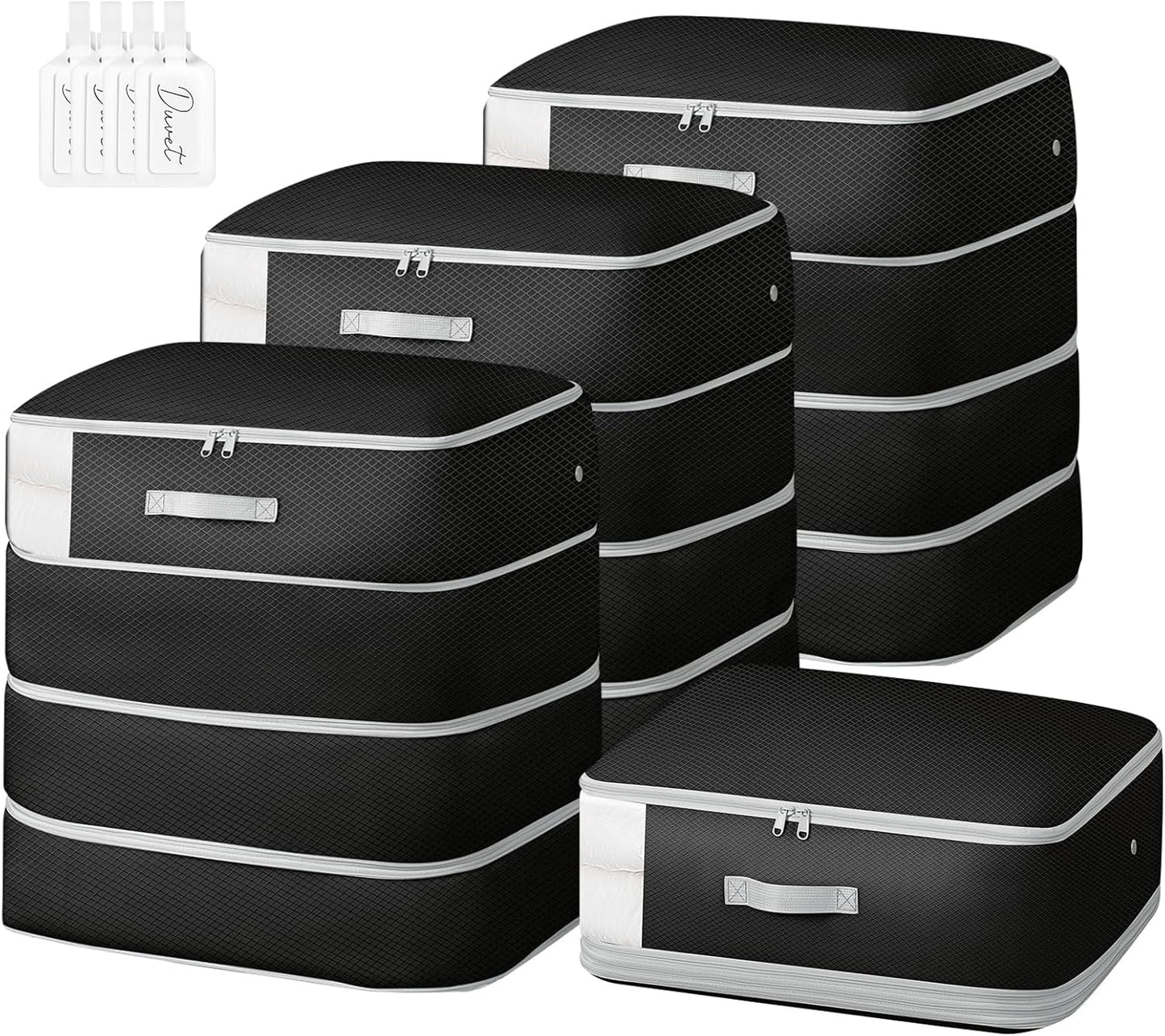 Comforter Storage Bag - 130L Large Capacity Blanket Storage Bags 4-Layer Ultra Space Saving Self Compression Organizer, Washable Compression Bags for Storage Comforter Blanket, 4-Pack, Black