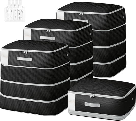 Comforter Storage Bag - 130L Large Capacity Blanket Storage Bags 4-Layer Ultra Space Saving Self Compression Organizer, Washable Compression Bags for Storage Comforter Blanket, 4-Pack, Black