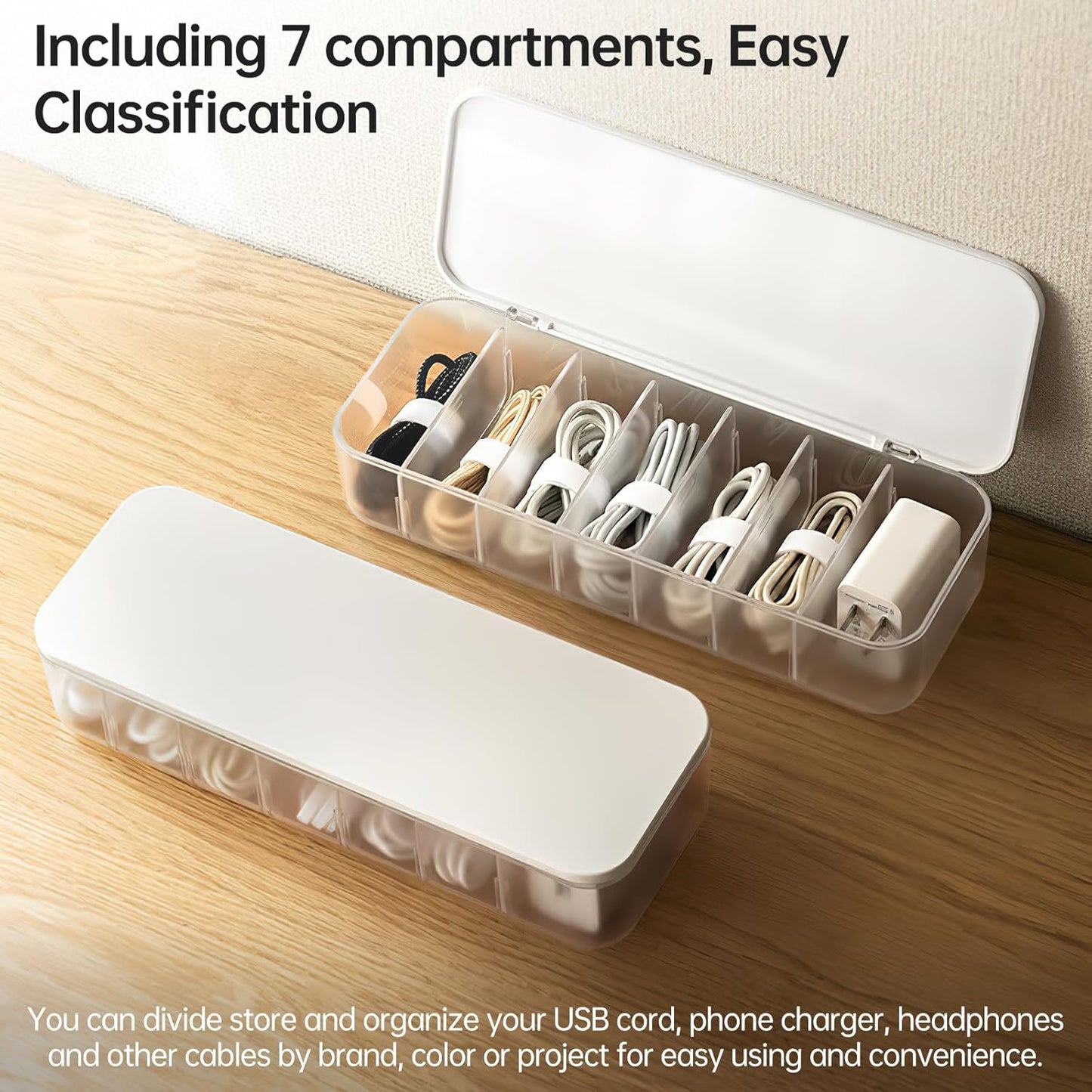 2 Pcs Cable Organizer Storage Box with 14 Wire Ties,Desktop Cable Management Box with Lid,Power Cord Organizer for Office,Home,Desk Accessories Storage Stationery Supplies White
