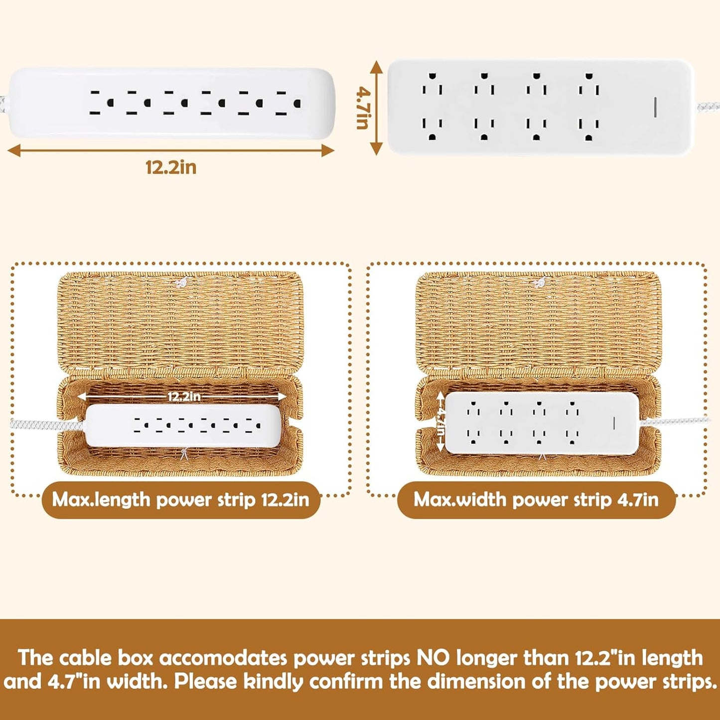 Cable Management Box, Handmade Imitation Rattan Cord Cable Organizer, Open Slots Cords Hider Box Under Desk Cord Organizer for Computer Router USB Hub & Power Strip
