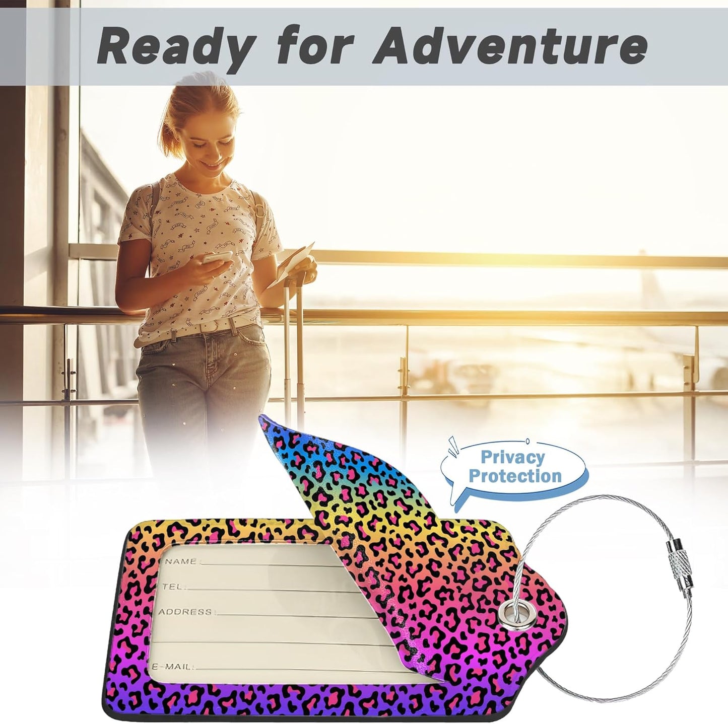 2 Pack Leather Luggage Tag for Suitcase Neon Rainbow Colored Leopard Print Unique Travel Tags with Privacy Cover ID Label & Stainless Steel Loop for Men and Women Baggage