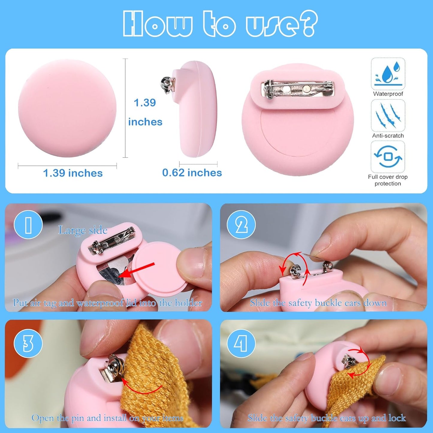 Waterproof AirTag Holder for Kids[Discreet] - 2-Pack Mini Silicone Air Tag Cover with Invisible Pin,GPS Tracker Case for Children, Elderly, Clothes, Backpack, Luggage (Dark Blue,Pink)