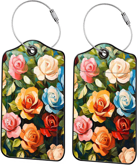 Luggage Tags for Suitcases, 2-Pack PU Leather for Cruise & Travel, Baggage ID Tags with Privacy Cover & Address Card, Durable Metal Ring, Kids Adults Travel Accessories, Painterly Roses