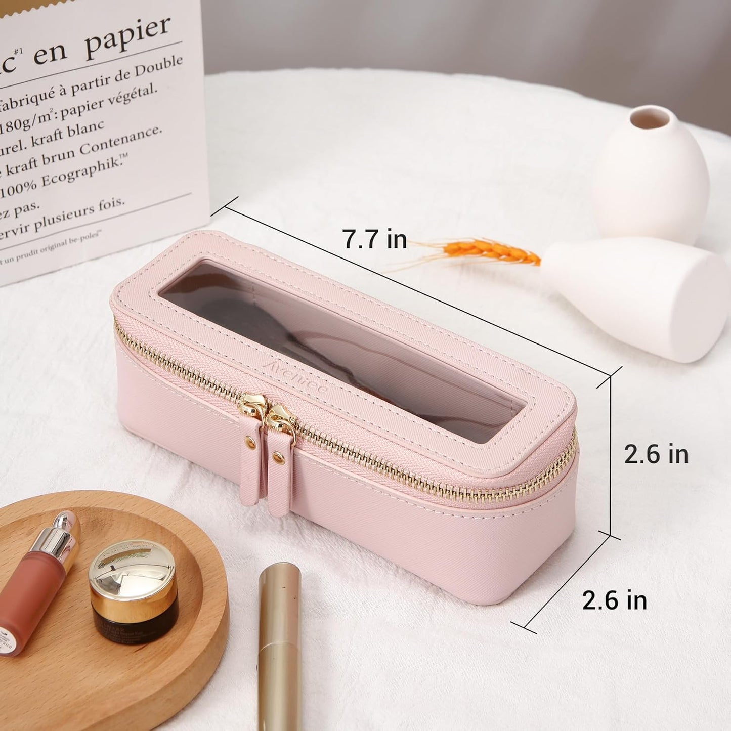 Aveniee Clear Makeup Brush Bag, Slim Cosmetic Brush Holder, small Toiletry Bag Mini Travel Case for Women, Thin Make up Bags with Dual Zipper, Cute Travel Essentials Organizer,Pink