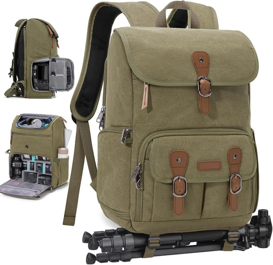 RAINSMORE Camera Bag Backpack for DSLR/SLR Mirrorless 15.6 Inch Laptop Camera Back Pack for Photographers Anti-Theft Photography Bags Case with Tripod Holder & Rain Cover, Green