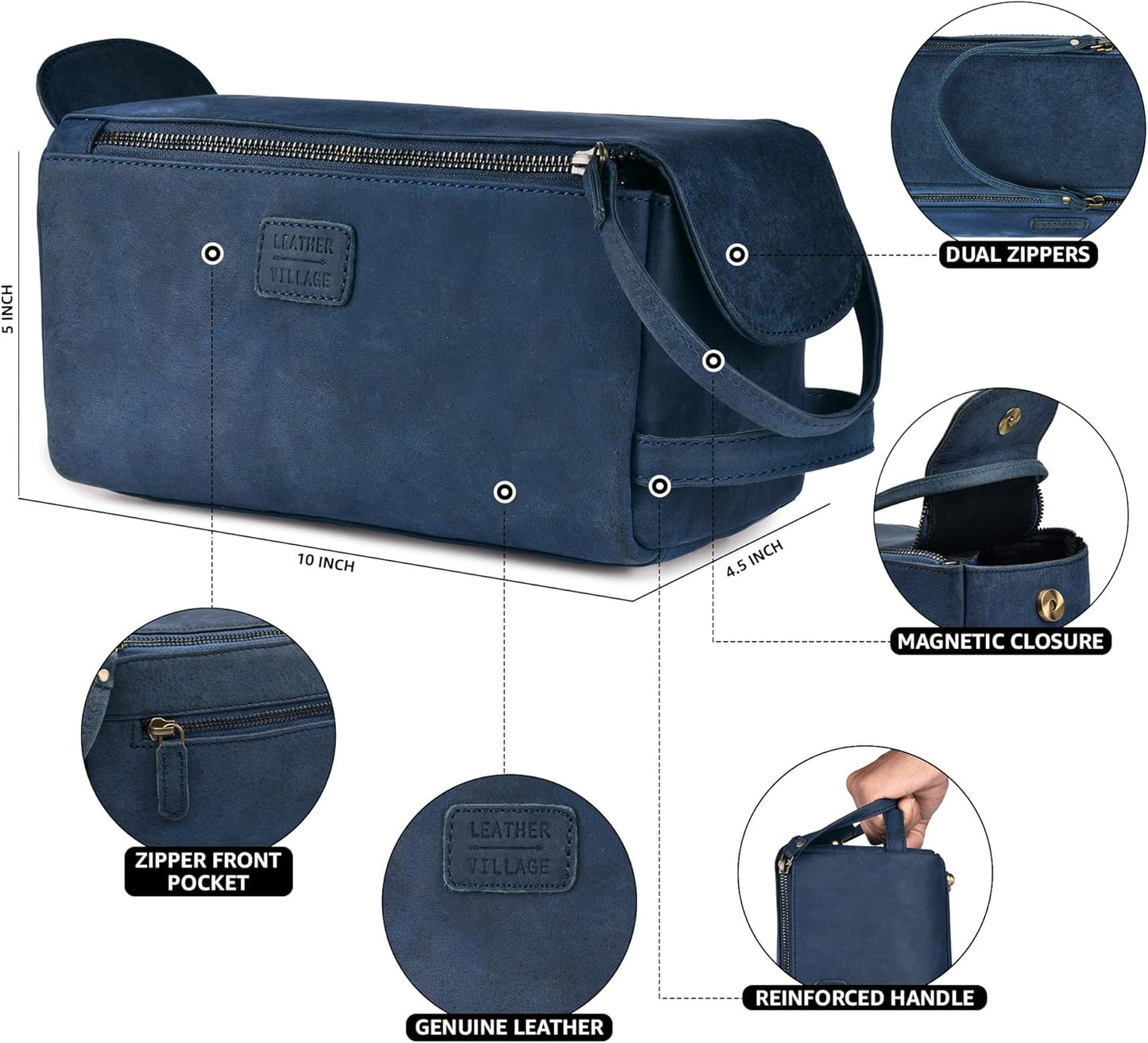 LEATHER VILLAGE Premium Leather Travel Toiletry Bag - Unisex Water-Resistant Travel Dopp Kit, Shaving & Cosmetic Organizer for Men & Women - Compact Bathroom Essentials - Royal Blue