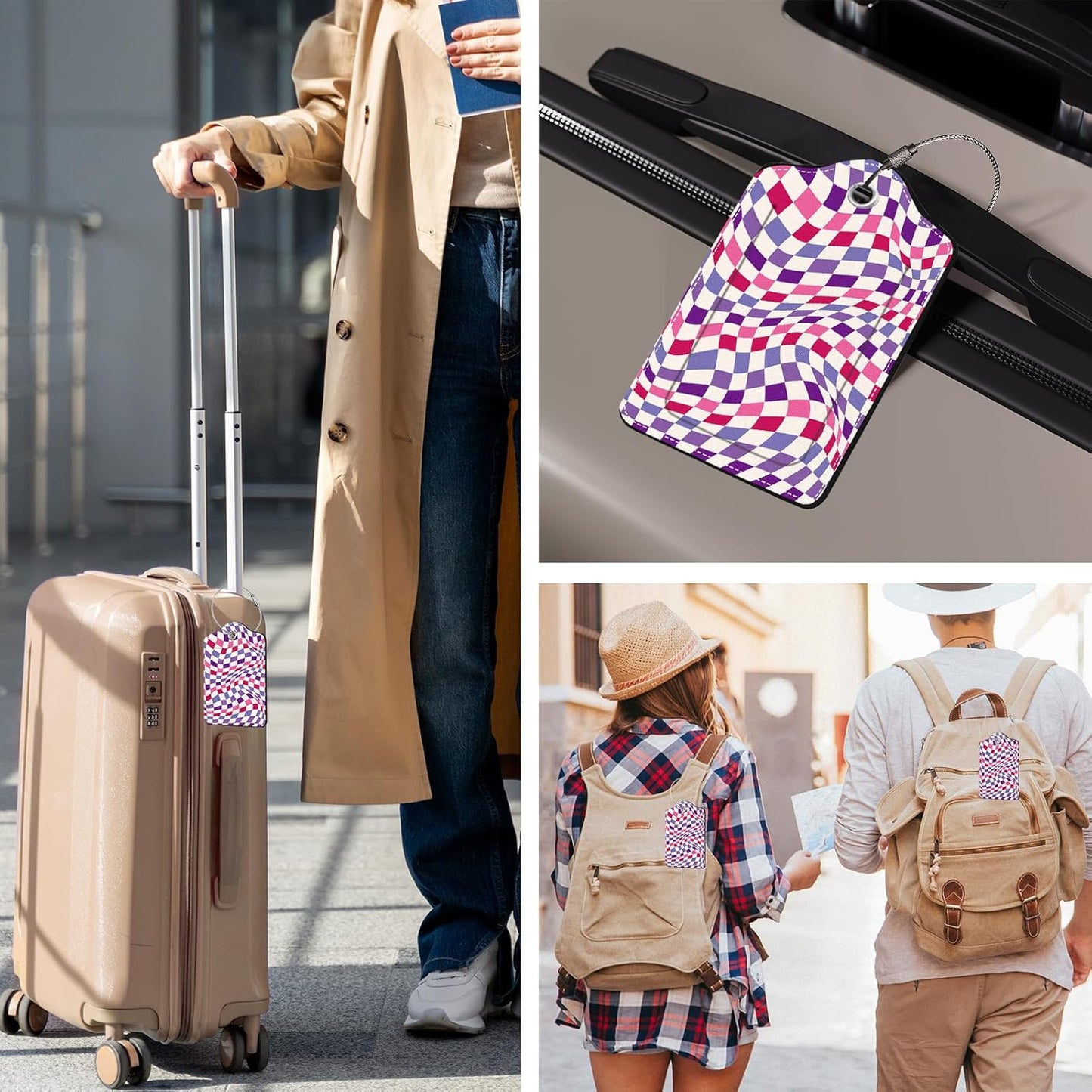 2 Pack Checkered Luggage Tags for Suitcases, Plaid Leather Luggage Tag Waterproof, Name ID Labels with Privacy Cover Suitcases Bag Luggage Tags for Travel, Travel Accessory Luggage Tag