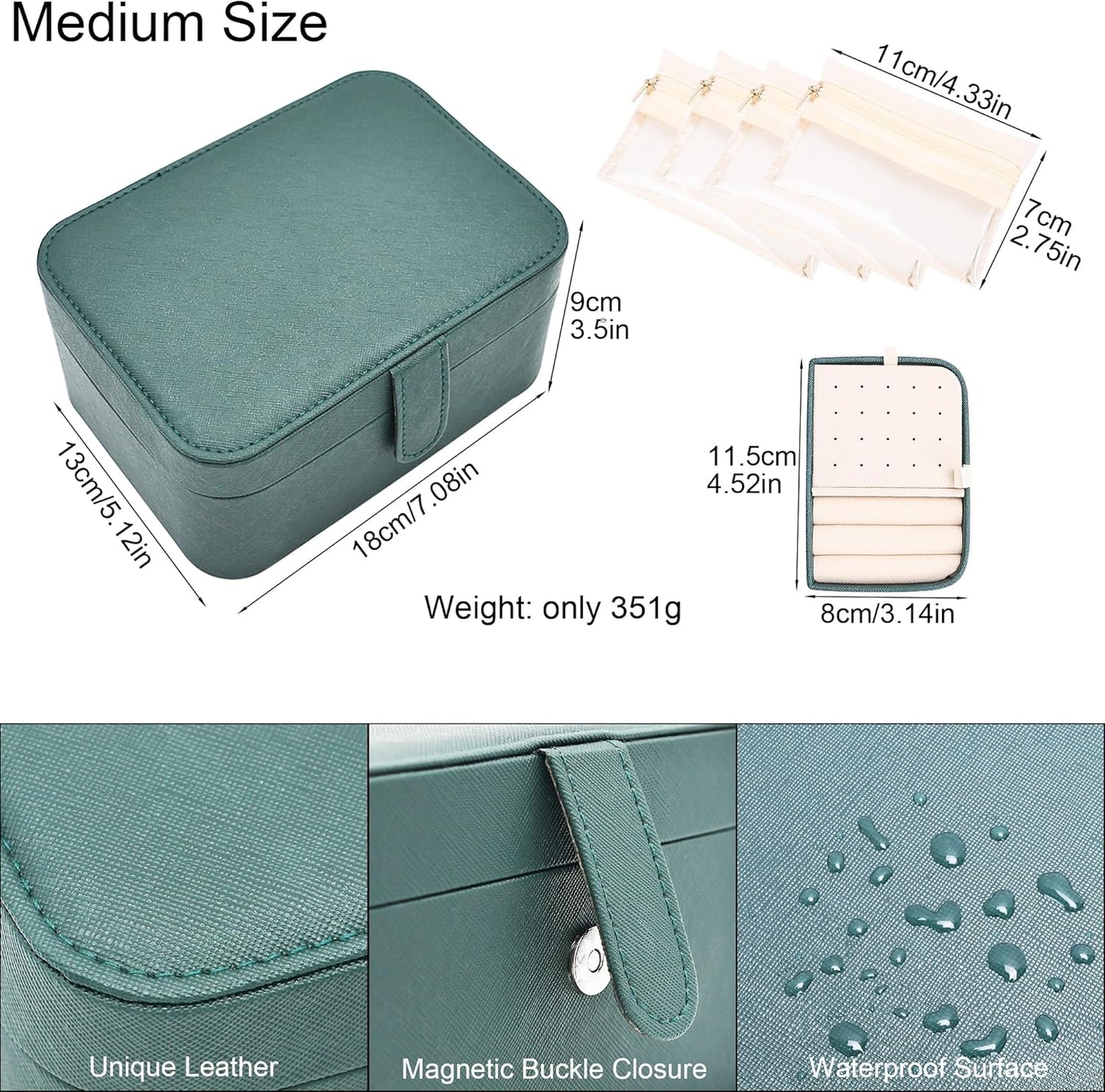 2 Layer Large Jewelry Travel Case with 4 Jewelry Pouches, PU Leather Portable Jewelry Storage Box, Medium Size Jewelry Organizer Box for Earrings, Necklaces, Bracelets (dark green)