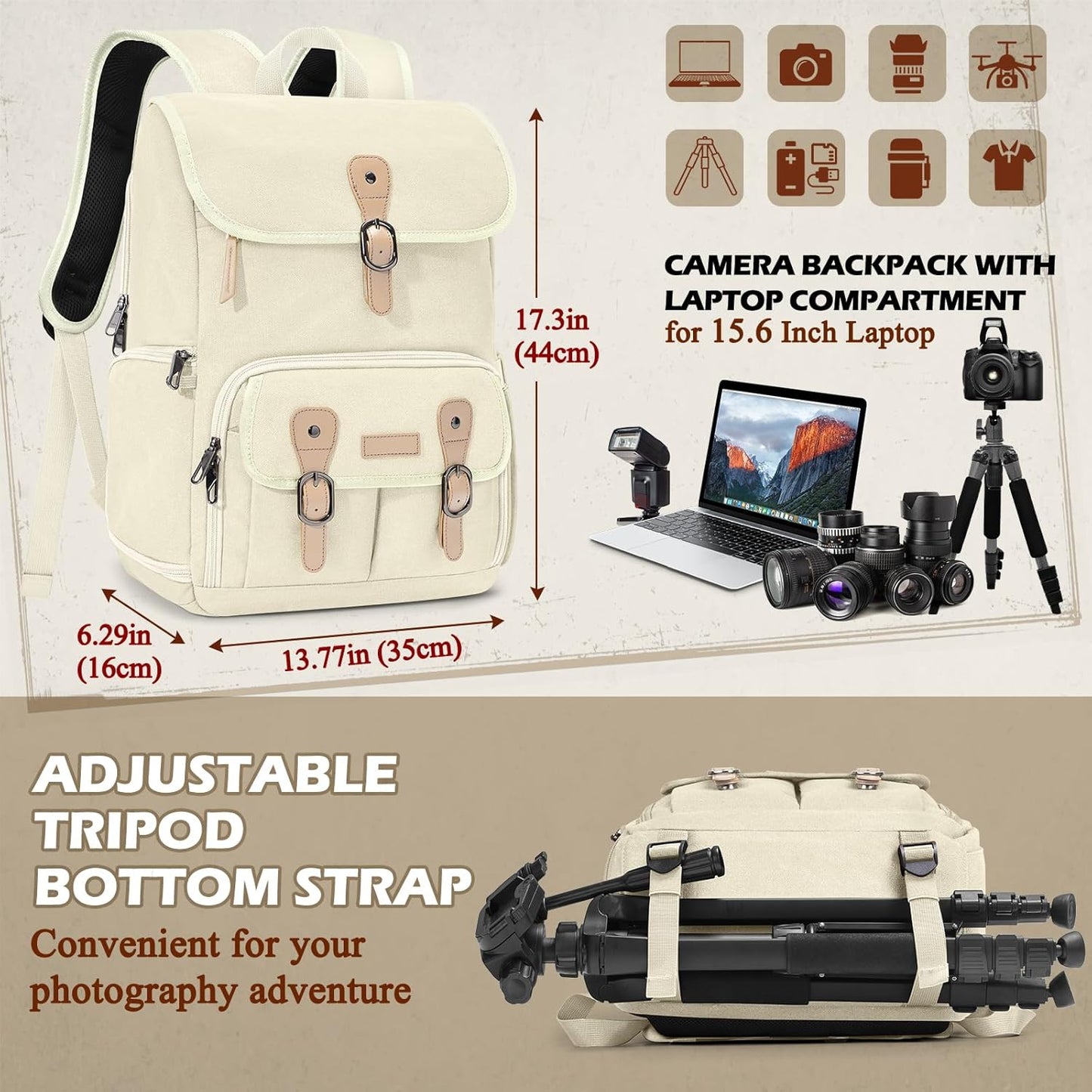 RAINSMORE Camera Bag Backpack for DSLR/SLR Mirrorless 15.6 Inch Laptop Camera Back Pack for Photographers Anti-Theft Photography Bags Case with Tripod Holder & Rain Cover, Beige
