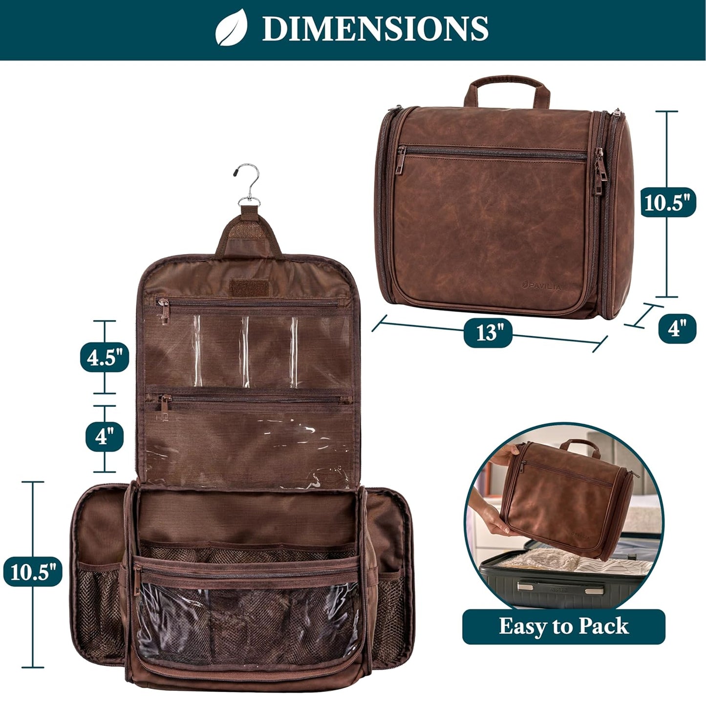 PAVILIA Large Hanging Toiletry Bag Travel Bag Women Men, PU Leather Cosmetic Organizer, Water Resistant Makeup Bag Accessories Toiletries, Travel Essentials Kit, Brown