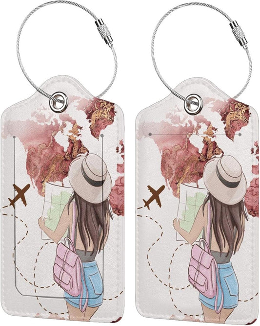 2 Pack Luggage Tags for Suitcase,Travel Girl PU Leather Travel Luggage Tag with Privacy Flap, Name ID Label and Metal Loop for Women Men Suitcase Baggage Bag Backpack