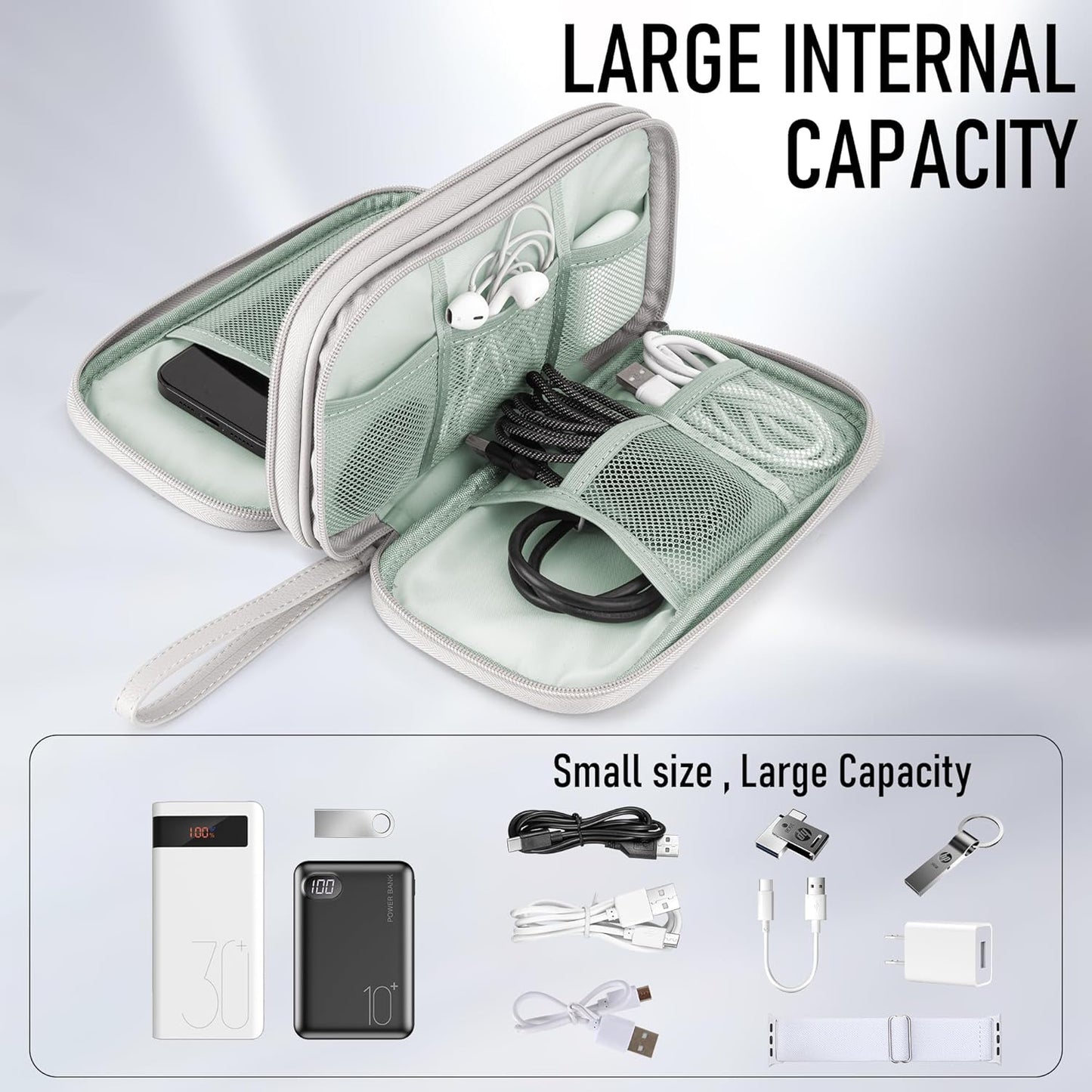 Leather Travel Electronic Organizer - Double Layer, Waterproof Case for Cables, Chargers, Phones & More - Portable, Shockproof Pouch for All Your Electronics Accessories (Grey, M)