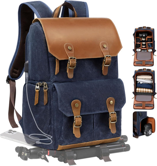 Padwa Lifestyle Blue Camera Backpack - Waxed Memory Canvas Camera Bag, Multi DSLR SLR Large Camera Backpacks for Photographers with 16” Laptop & Lens Compartment and Tripod Holder & Weather Resistant