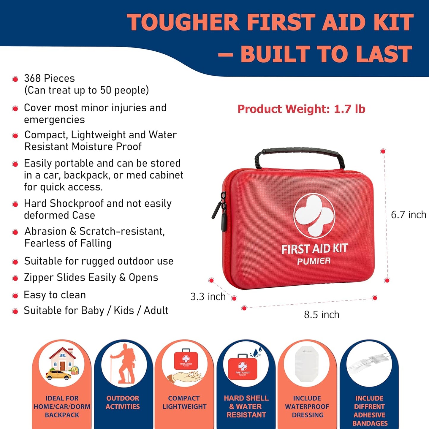 First Aid Kit - 368pcs Waterproof Compact Portable Hard Case - Ideal for Home, Car, Travel, Businesses, Hiking, Vehicle, Boat, Office, Survival - Public Must Have Emergency Kit, Camping Essentials