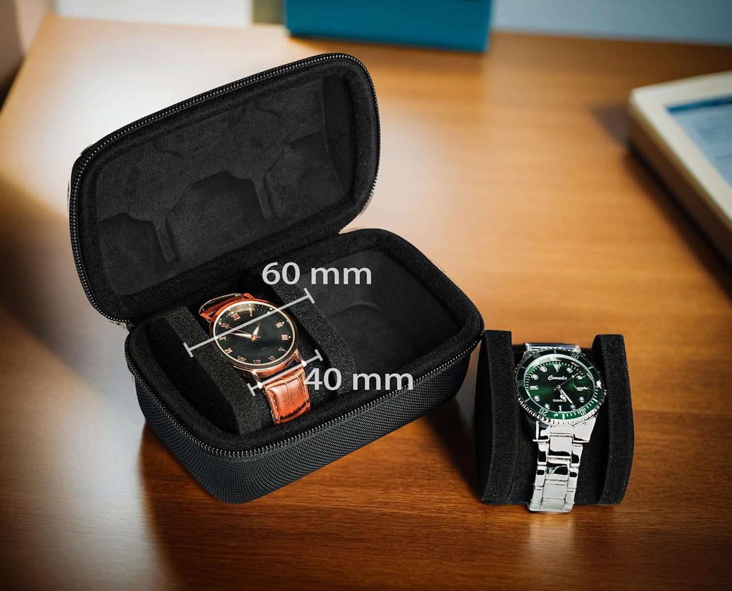 2 slot Hard Watch Travel Case, Watch Roll Case Storage and Organizer for Men and Women, with anti-move watch pillow (Black fabric 2 slot)