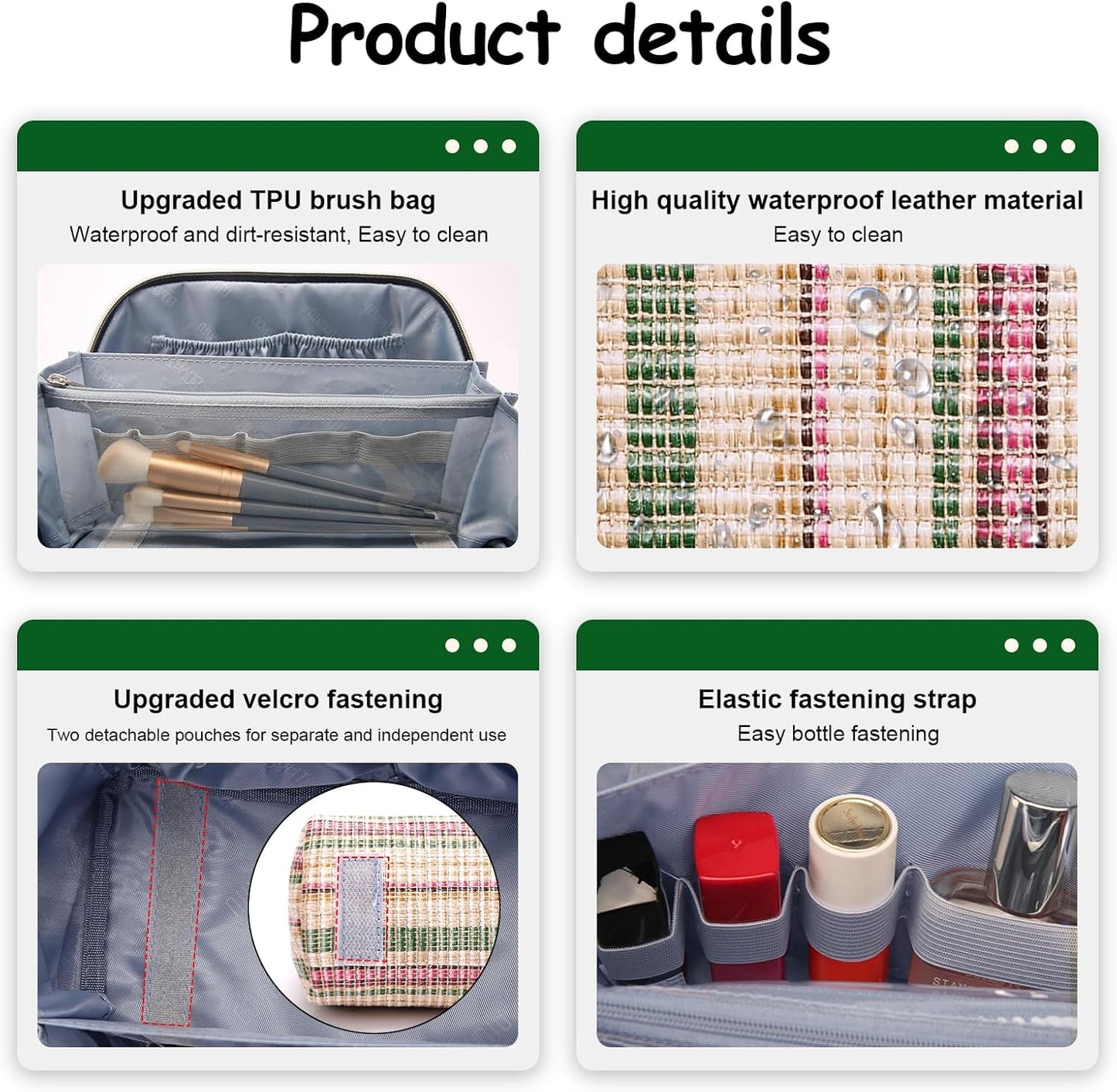 Travel Makeup Bag for Women: Large Capacity Open Flat Make up Bag Set of 3 - Vegan Leather Cosmetic Bag with Compartments - Waterproof Toiletry Bag with Handle & Divider(Green)