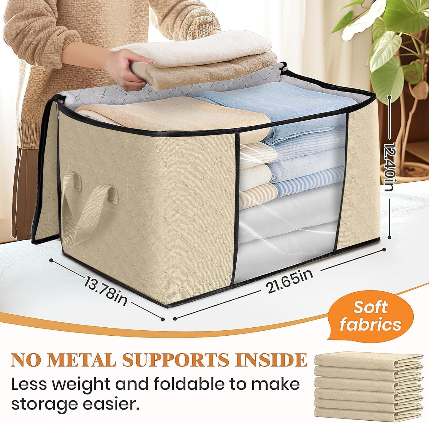 Fab totes 3 Pack Clothes Storage, Foldable Thick Fabric Blanket Storage Bags, Containers for Organizing Bedroom, Closet, Clothing, Comforter, Organization with Handle,Beige