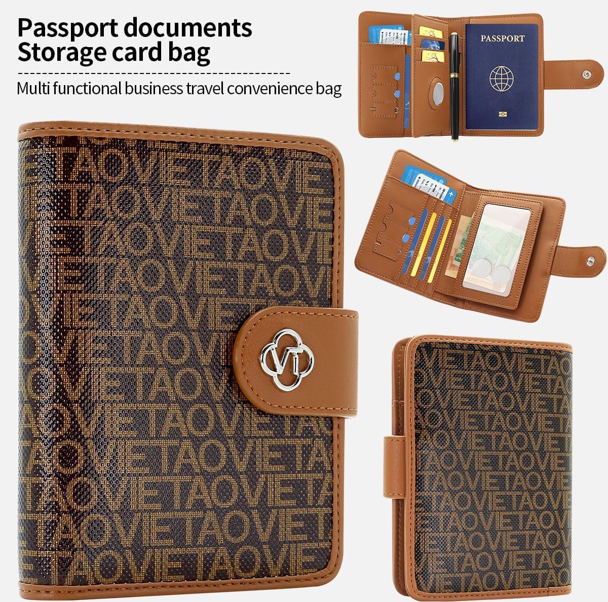 Passport Holder Wallet Bag with AirTag Holder, Card Slots Passport Solt Ticket Cash Solt, Photo Solt Sim Card Pen Slot.Brown