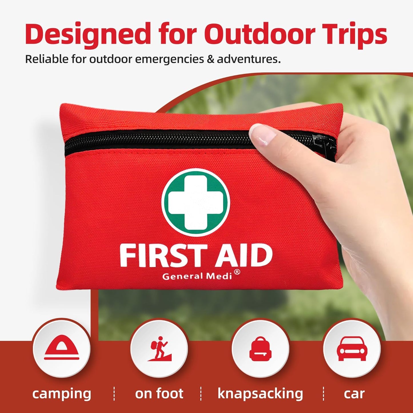 General Medi Mini First Aid Kit, 110 Piece Small First Aid Kit - Includes Emergency Foil Blanket, Scissors for Travel, Home, Office, Vehicle, Camping, Workplace & Outdoor (Red)