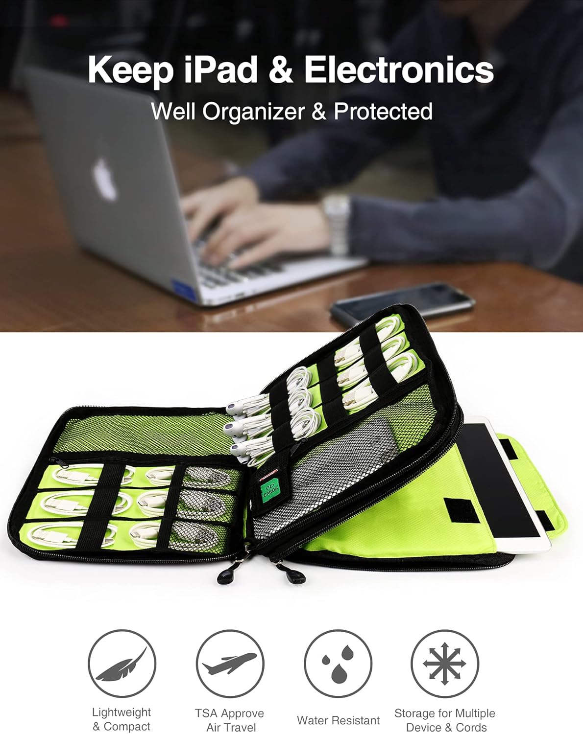 Luxtude Electronics Organizer, Portable Cable Organizer Bag for iPad 7.9'', Double Layer Travel Tech Bag&Cord Storage, Compact Cord Case&Charger Pouch,Electronics Carring Case for Phone/USB/SD