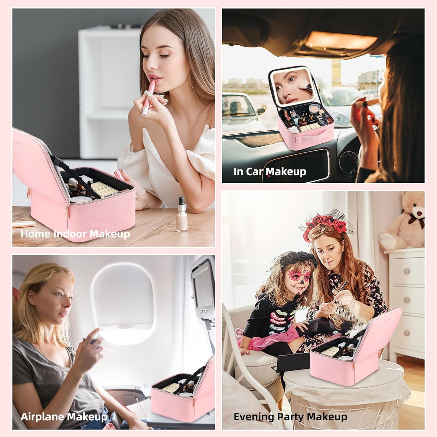 Travel Makeup Bag with LED Mirror – Waterproof Cosmetic Train Case with Adjustable Dividers, Portable Makeup Organizer and Toiletry Bag for Women, Teens & Girls Gift, Pink