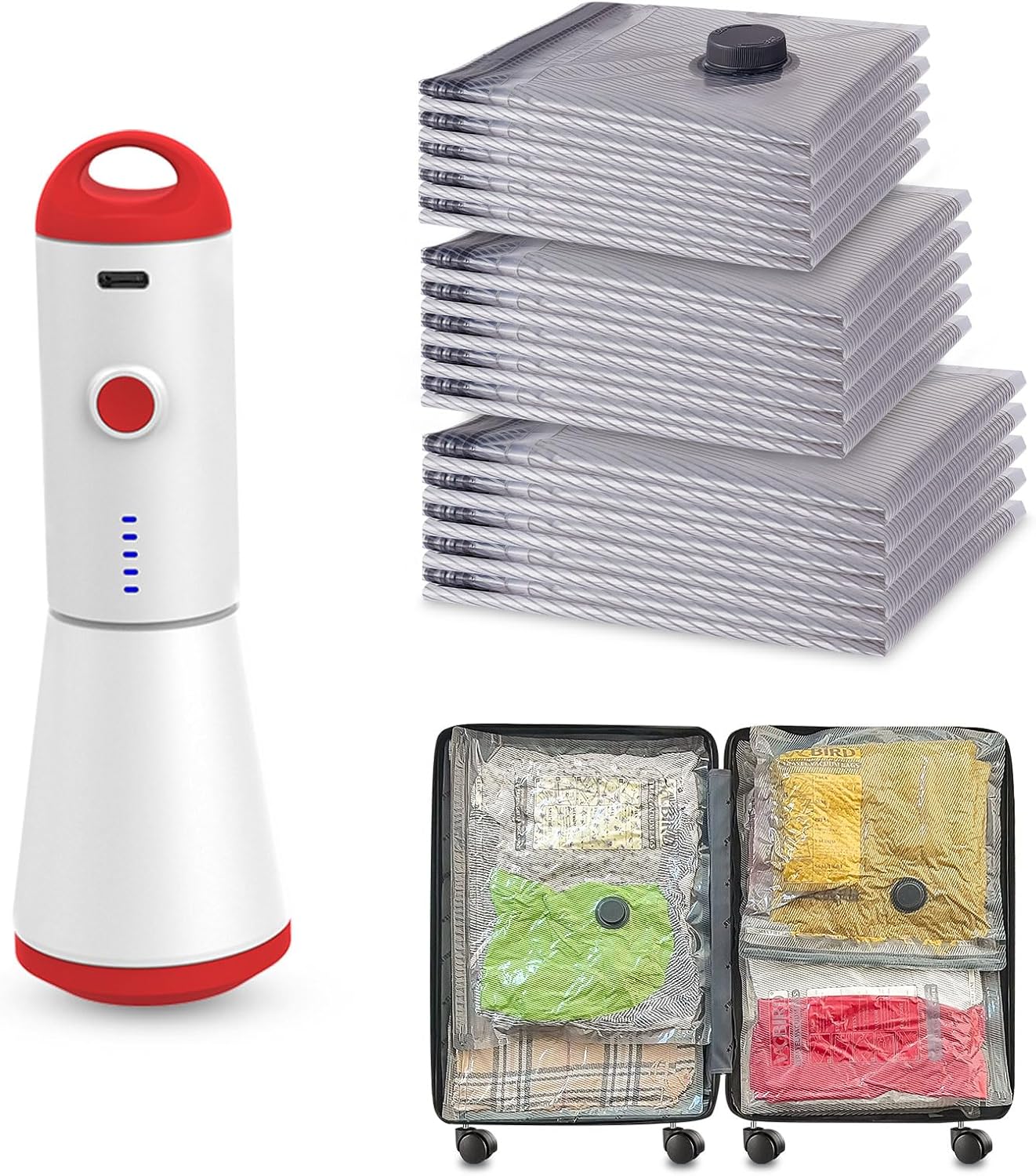 Travel Vacuum Storage Bags with Rechargeable USB Pump, 15 Pack Carry-On Size Compression Packing Bags for Luggage and Suitcase, Space Saver for Clothes and Clothing Travel