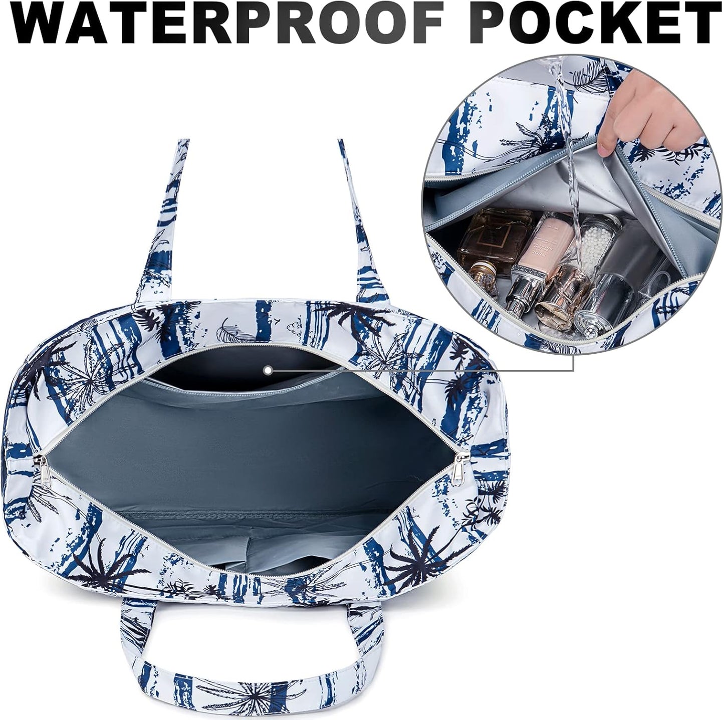 LEDAOU Large Beach Tote Bag Women Waterproof Sandproof Zipper Beach Tote Bag for Pool Gym Grocery Travel with Wet Pocket