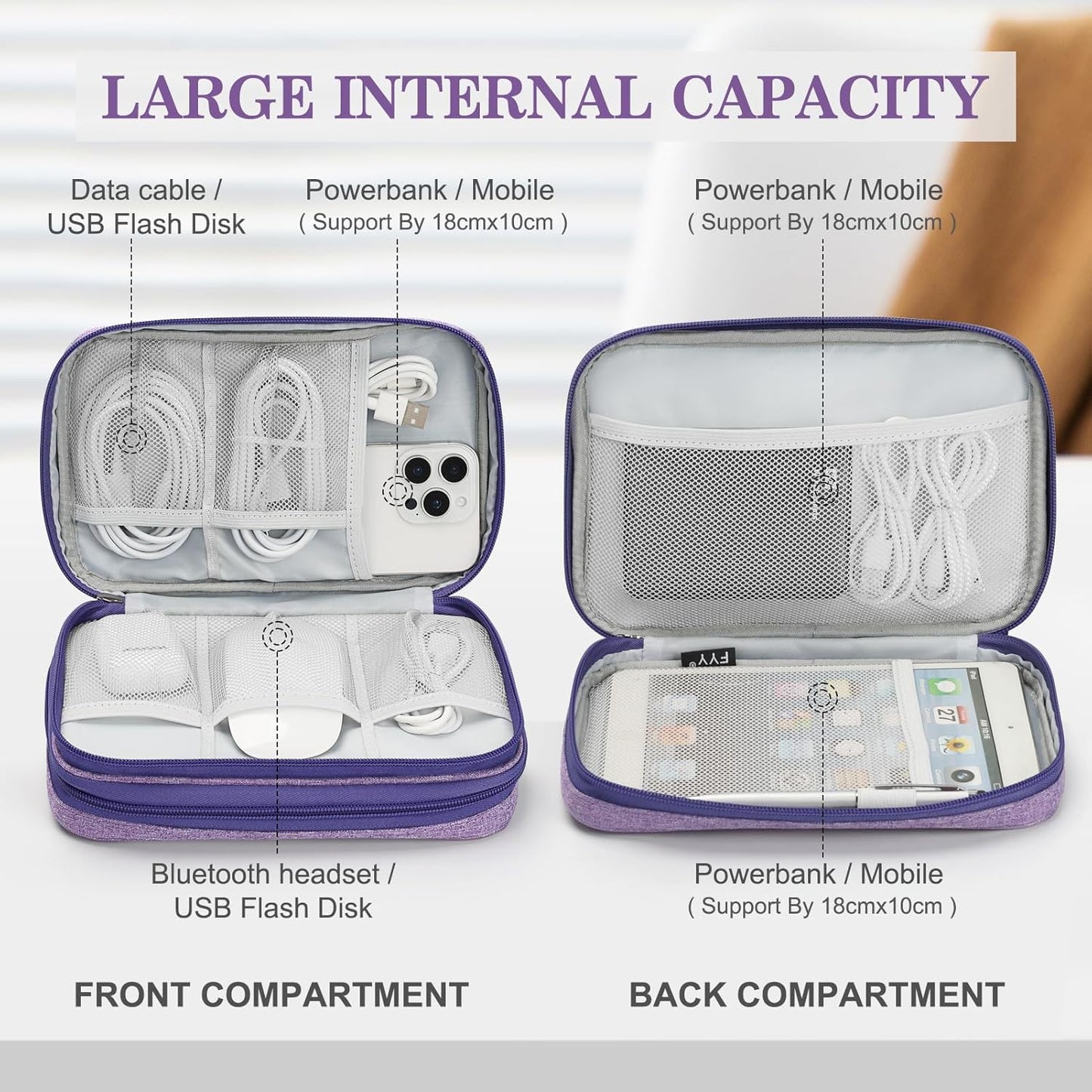 FYY Electronic Organizer, Large Travel Cable Organizer Bag Pouch Electronic Accessories Carry Case Portable Waterproof Double Layers All-in-One Storage Bag for Cable, Cord, Charger, Dark Purple