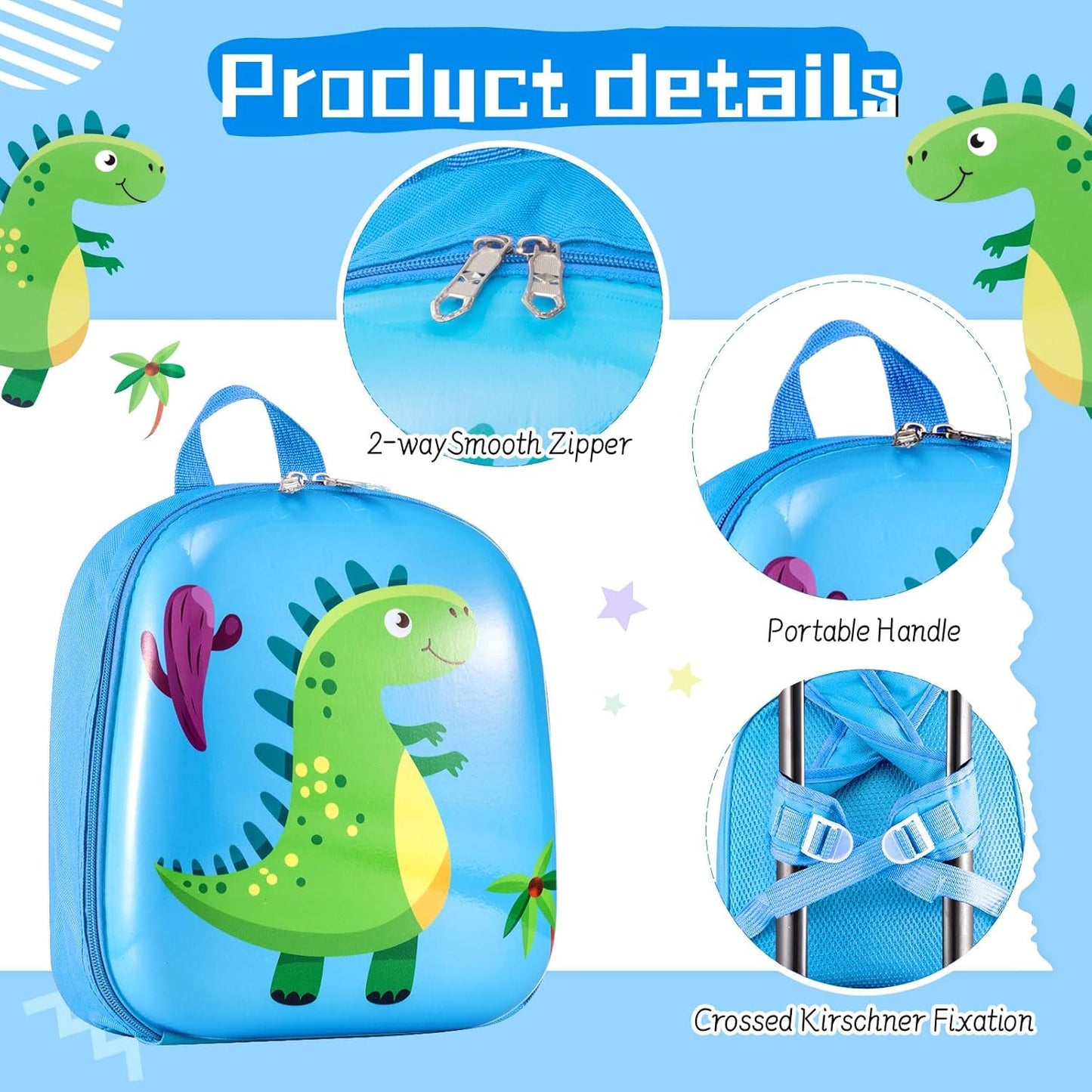 Sanwuta 4 Pcs Kids Luggage Set Kids Backpack Travel Rolling Suitcase with Wheels U-shape Pillow Childrens Gift for Girls Boys(17 Inch,Dinosaur Style,Blue)