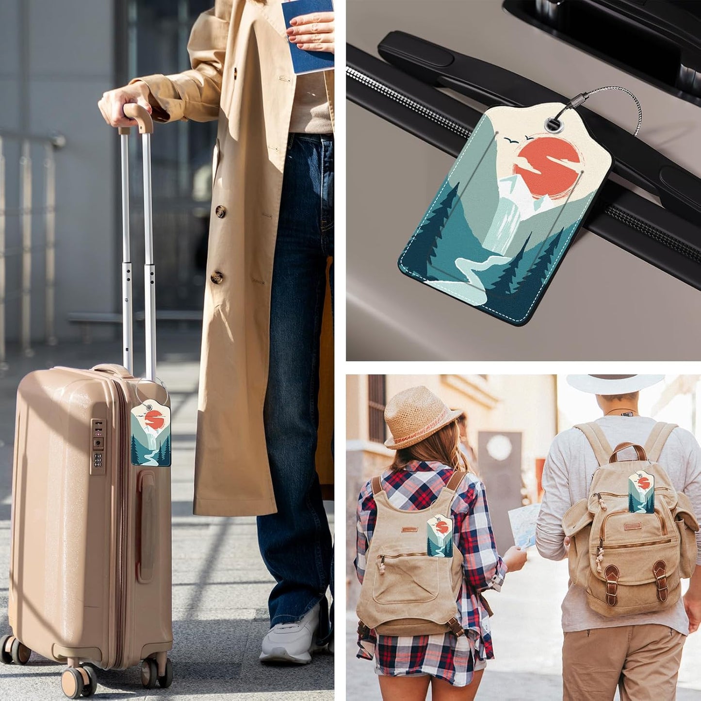 2 Pcs Mountain Sun Luggage Tags for Suitcases Men, Leather Luggage Tags for Men, Privacy Cover ID Label with Stainless Steel Loop & Address Card, Fun Travel Bag Tags Luggage Accessories for Suitcases