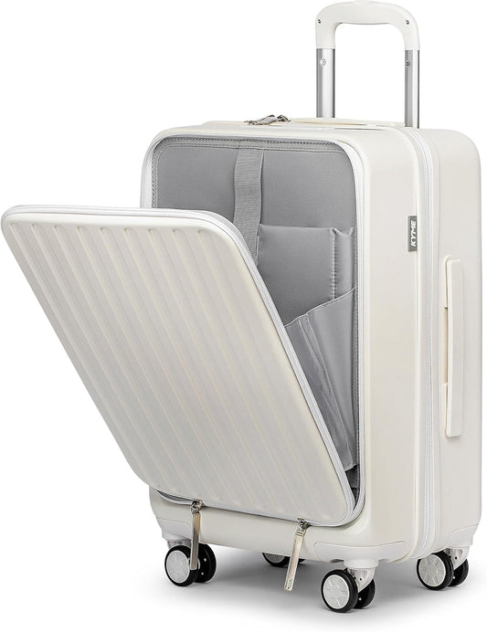 KYME 22-Inch Hardside Small Suitcase, 100% PC Hard Shell with Laptop Compartment, TSA Lock, Double Wheels for Men & Women, White