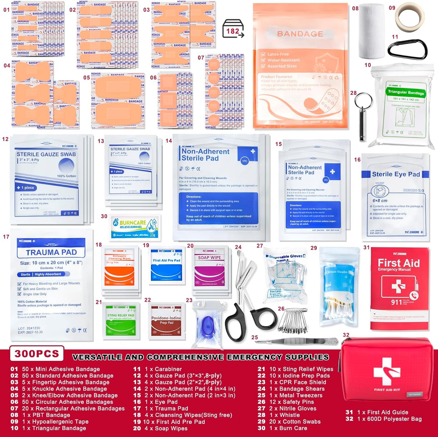 Compact First Aid Kit 300 PCS – Small Waterproof Emergency Medical Kit for Home, Car, Travel, Camping, Hiking, Truck, Office, Sports & Outdoor – Lightweight First Aid Bag