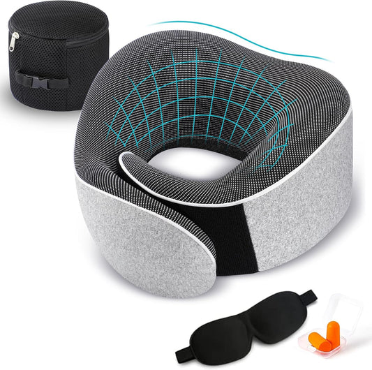 Travel Pillow, Best Memory Foam Neck Pillow Head Support Soft Pillow for Sleeping Rest, Airplane Car & Home Use (1Grey)