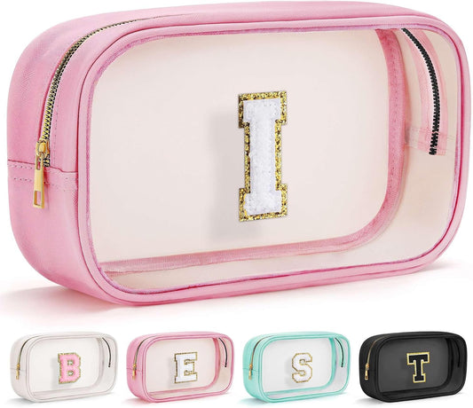 YOOLIFE Initial Make Up Bag Travel Toiletry Bag, Clear Makeup Bag Preppy Cosmetic Bags Organizer Travel Essentials Pink Gifts for Women Teen Girlfriend Teacher Mom Birthday Mothers Day Gifts I