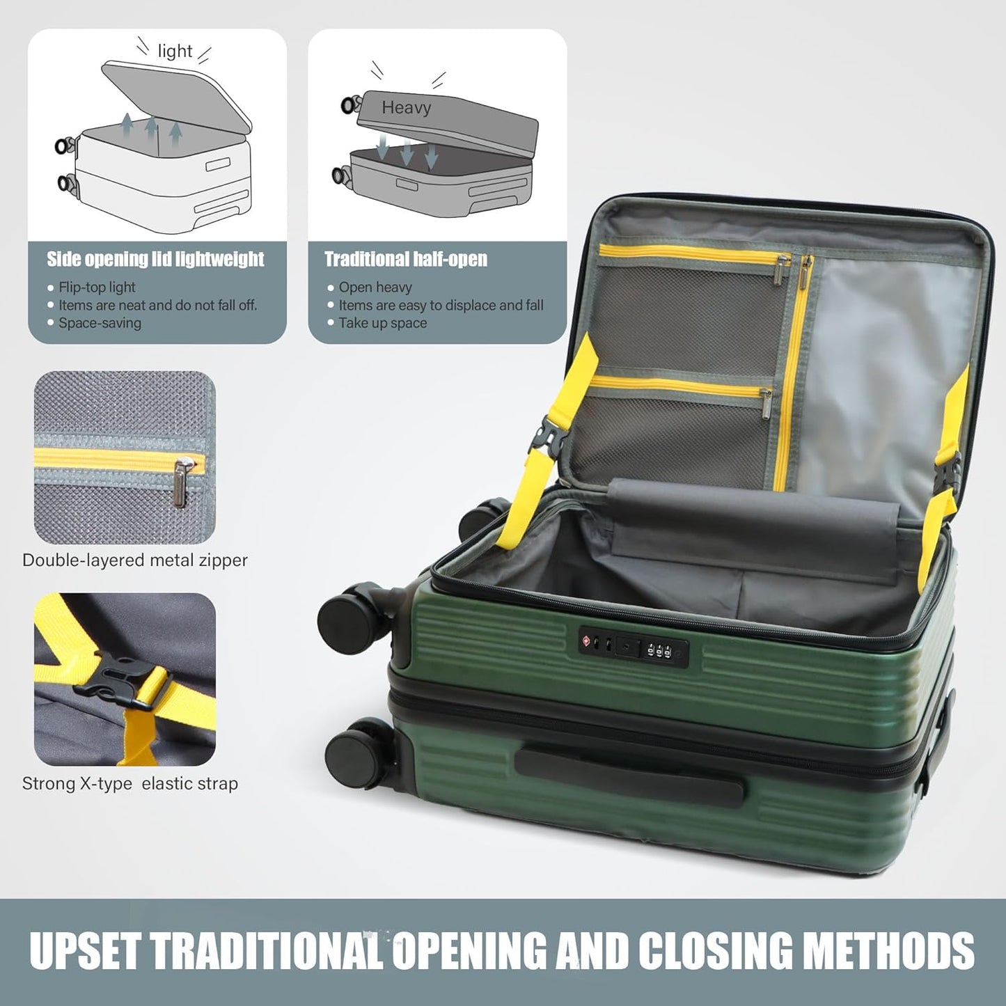 buy 0ne get 0ne free! 20 Inch Expandable Carry on Luggage PC Hard Shell TSA Suitcase Top Opening 360°Rolling Wheels Travel Luggage Suitcase(Green)