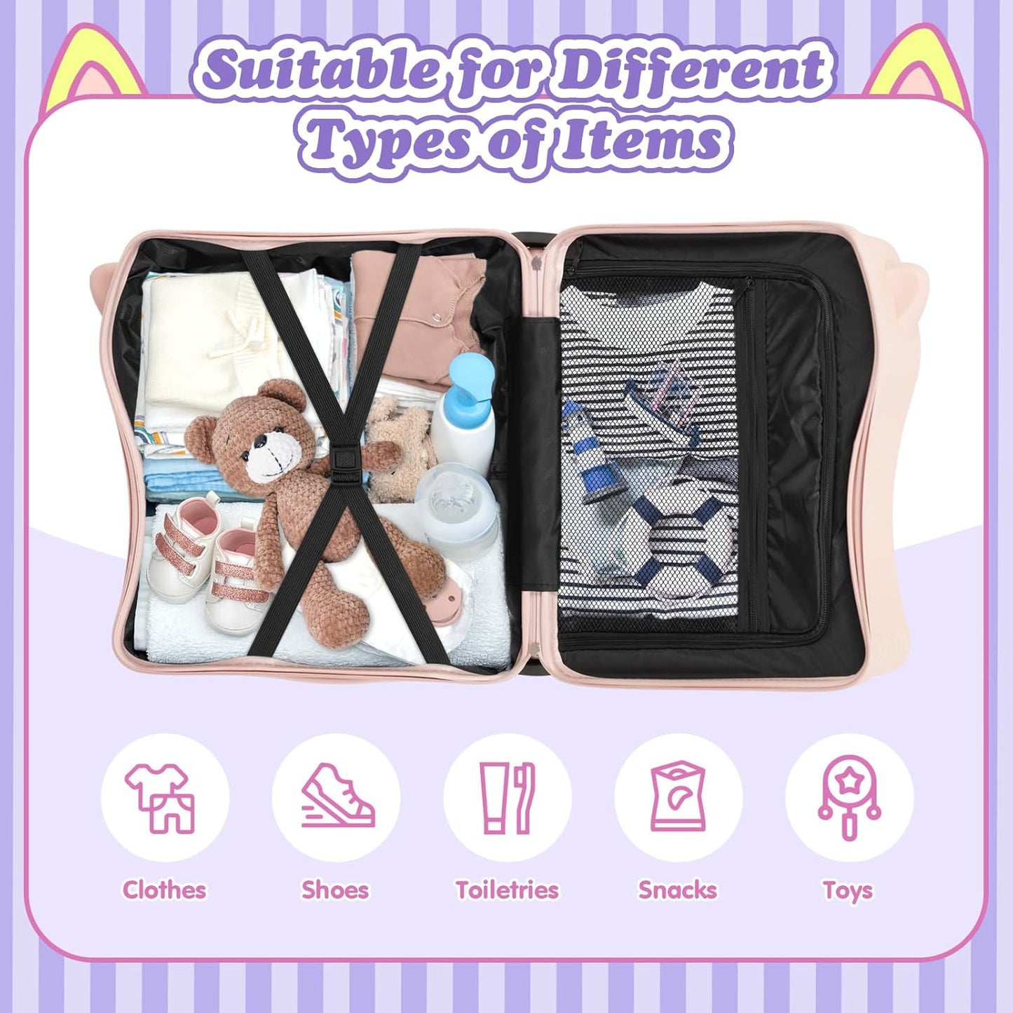 20" Ride-On Travel Suitcase for Kids, Cute Ear Toddler Carry on Luggage with Spinner Wheels, Children Rolling Trolly Luggage with Combination Lock (Pink)