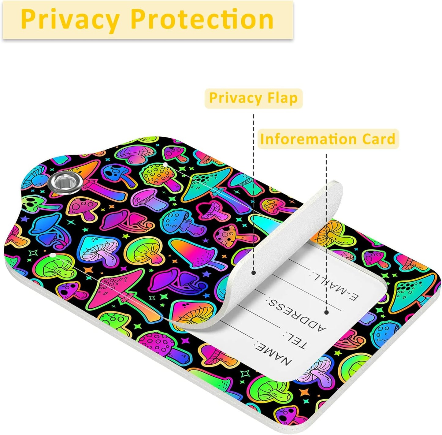 2 Pack Luggage Tags for Suitcases,Colorful Mushrooms Luggage Tag,PU Leather Id Label Luggage Tags with Stainless Steel Loop and Privacy Cover for Women Men Teens Travel