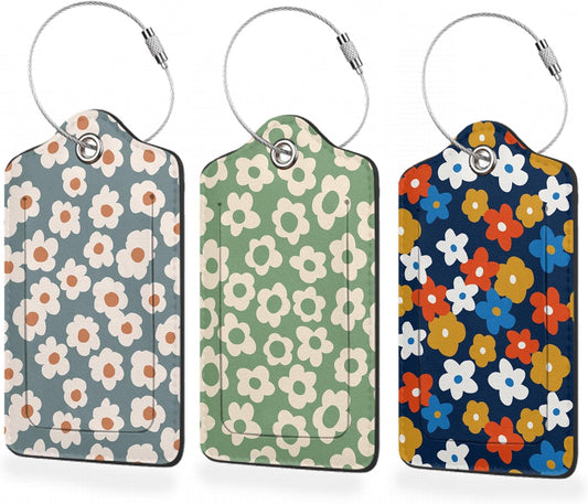 3 Pack Luggage Tag for Suitcase,Vintage Groovy Flowers Leather Luggage Tags with Privacy Cover Name ID Label Identifiers Travel Bag Tags for Women Men Boys Girls