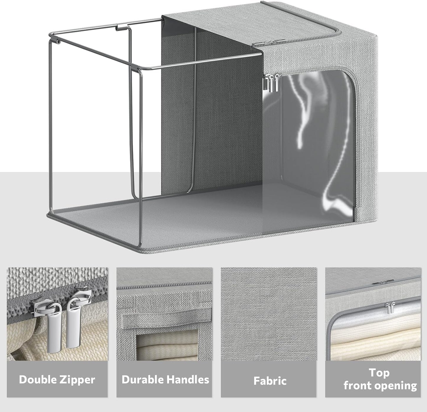 4 Pack Clothes Storage Bins with Metal Frame - Linen Fabric Foldable Stackable Container Organizer Set with Clear Window & Carry Handles & Zippers (Light Grey, 15.7"x11.8"x7.8")